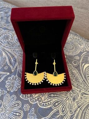 Gold and Emerald Drop Fan Earrings - Women Jewelry